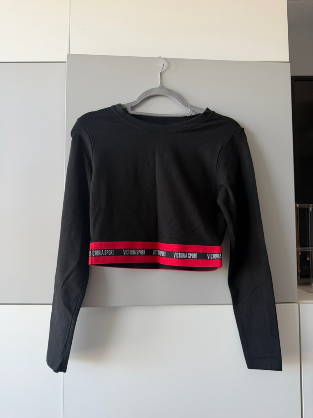 Victoria's Secret Black Cropped Long Sleeve Tee with Pink Trim and Branded Band